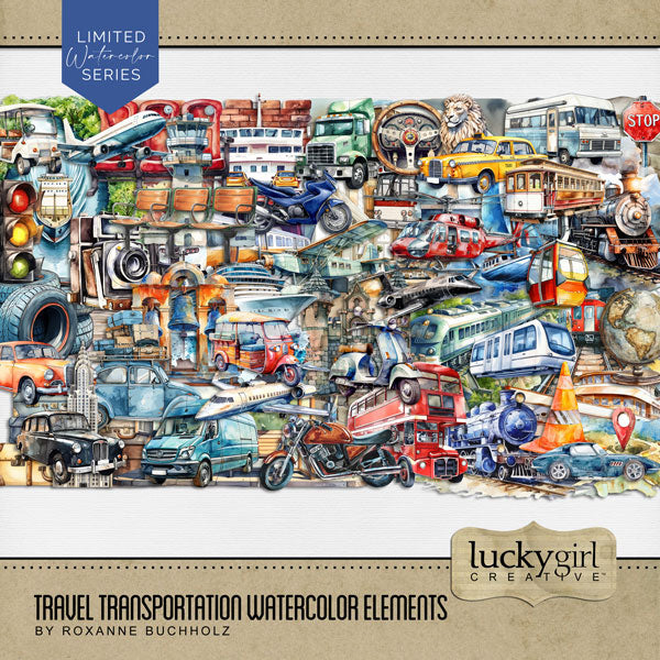 Planes, trains, and automobiles! Add beautiful watercolor transportation themed embellishments by Lucky Girl Creative digital art to all your travel digital scrapbooking pages! Embellishments include airport, tower, airplane, plane, aircraft, prop plane, commercial airliner, passenger plane, cat, dog, map, car, automobile, taxi, sports car, London taxi, beach bag, cruise ship, cruise liner, ferry, boat, sailboat, brick, bridge, castle, bells, church, skyscraper, bus, tour bus, school bus, double decker bus,