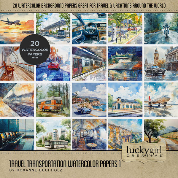 Planes, trains, and automobiles! Add beautiful watercolor transportation themed background papers by Lucky Girl Creative digital art to all your travel digital scrapbooking pages! Transportation scenes include airplane, aircraft, passenger plane, airport, street, road, downtown, bus, city bus, tour bus, trolley, tram, street car, automobile, car, auto, ship, cruise ship, boat, gas station, highway, freeway, RV, camper, caravan, subway, train, railroad, monorail, train tracks, train station, bus station