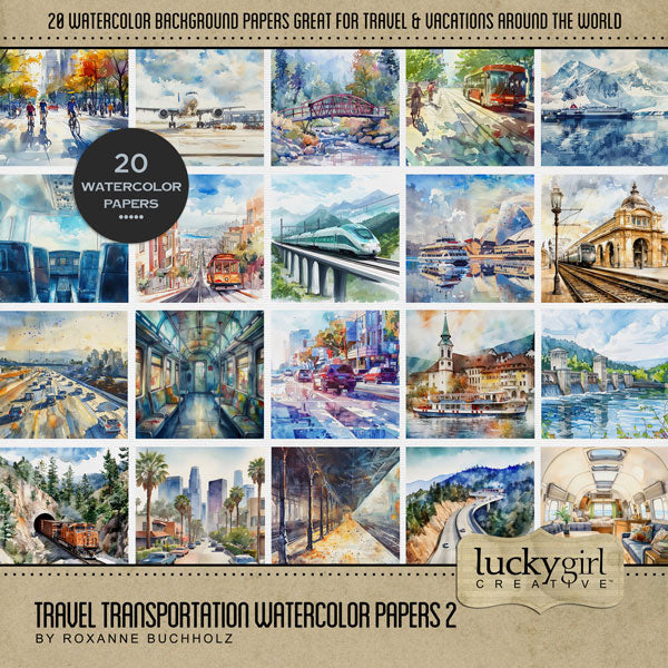 Planes, trains, and automobiles! Add beautiful watercolor transportation themed background papers by Lucky Girl Creative digital art to all your travel digital scrapbooking pages! Transportation scenes include airplane, aircraft, passenger plane, airport, street, road, downtown, bus, city bus, tour bus, trolley, tram, street car, automobile, car, auto, ship, cruise ship, boat, gas station, highway, freeway, RV, camper, caravan, subway, train, railroad, monorail, train tracks, train station, bus station