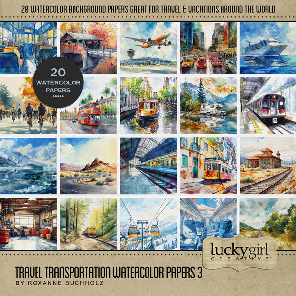 Planes, trains, and automobiles! Add beautiful watercolor transportation themed background papers by Lucky Girl Creative digital art to all your travel digital scrapbooking pages! Transportation scenes include airplane, aircraft, passenger plane, airport, street, road, downtown, bus, city bus, tour bus, trolley, tram, street car, automobile, car, auto, ship, cruise ship, boat, gas station, highway, freeway, RV, camper, caravan, subway, train, railroad, monorail, train tracks, train station, bus station