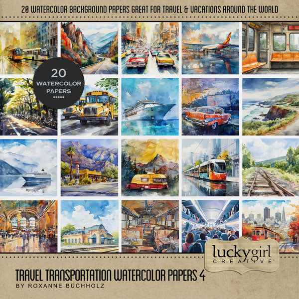 Planes, trains, and automobiles! Add beautiful watercolor transportation themed background papers by Lucky Girl Creative digital art to all your travel digital scrapbooking pages! Transportation scenes include airplane, aircraft, passenger plane, airport, street, road, downtown, bus, city bus, tour bus, trolley, tram, street car, automobile, car, auto, ship, cruise ship, boat, gas station, highway, freeway, RV, camper, caravan, subway, train, railroad, monorail, train tracks, train station, bus station, ter