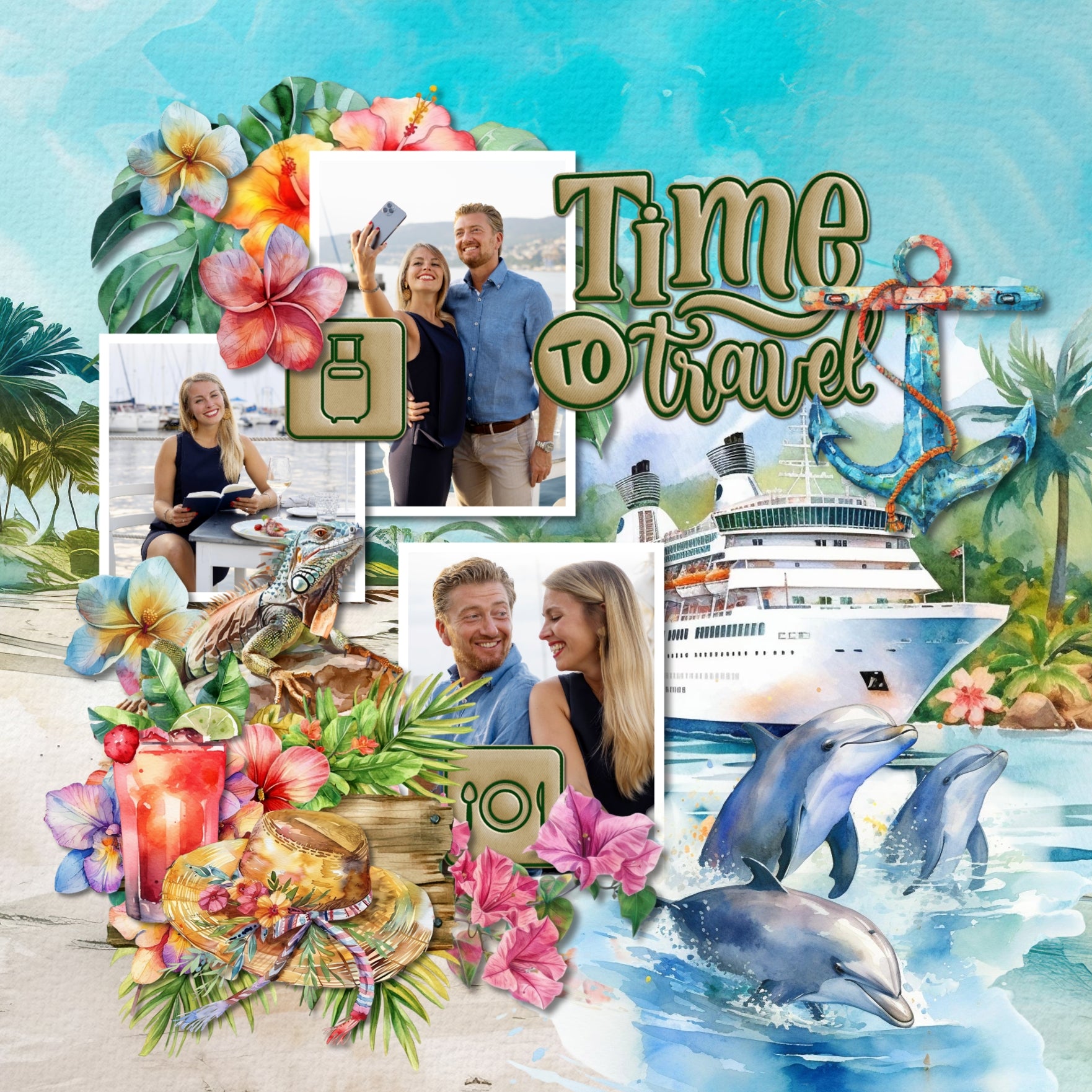 Quickly and easily add a playful page title to all your travel pages with these embroidered patches by Lucky Girl Creative digital art for digital scrapbooking with fun vacation quotes and modern icons. Icons include airplane, plane, car, auto, automobile, bike, bicycle, ship, cruise ship, boat, bus, tour bus, camera, coffee, tea, directional sign, food, place setting, world, hot air balloon, location marker, train, railway, money, passport, suitcase, luggage, taxi, clock, time, wifi, internet, and wine.