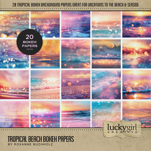 In bright tropical tones, these beautiful beach bokeh papers by Lucky Girl Creative digital art for digital scrapbooking are great for vacations to the beach and ocean. This kit is included in the Paper Duo Tropical Beach Bokeh Kit.