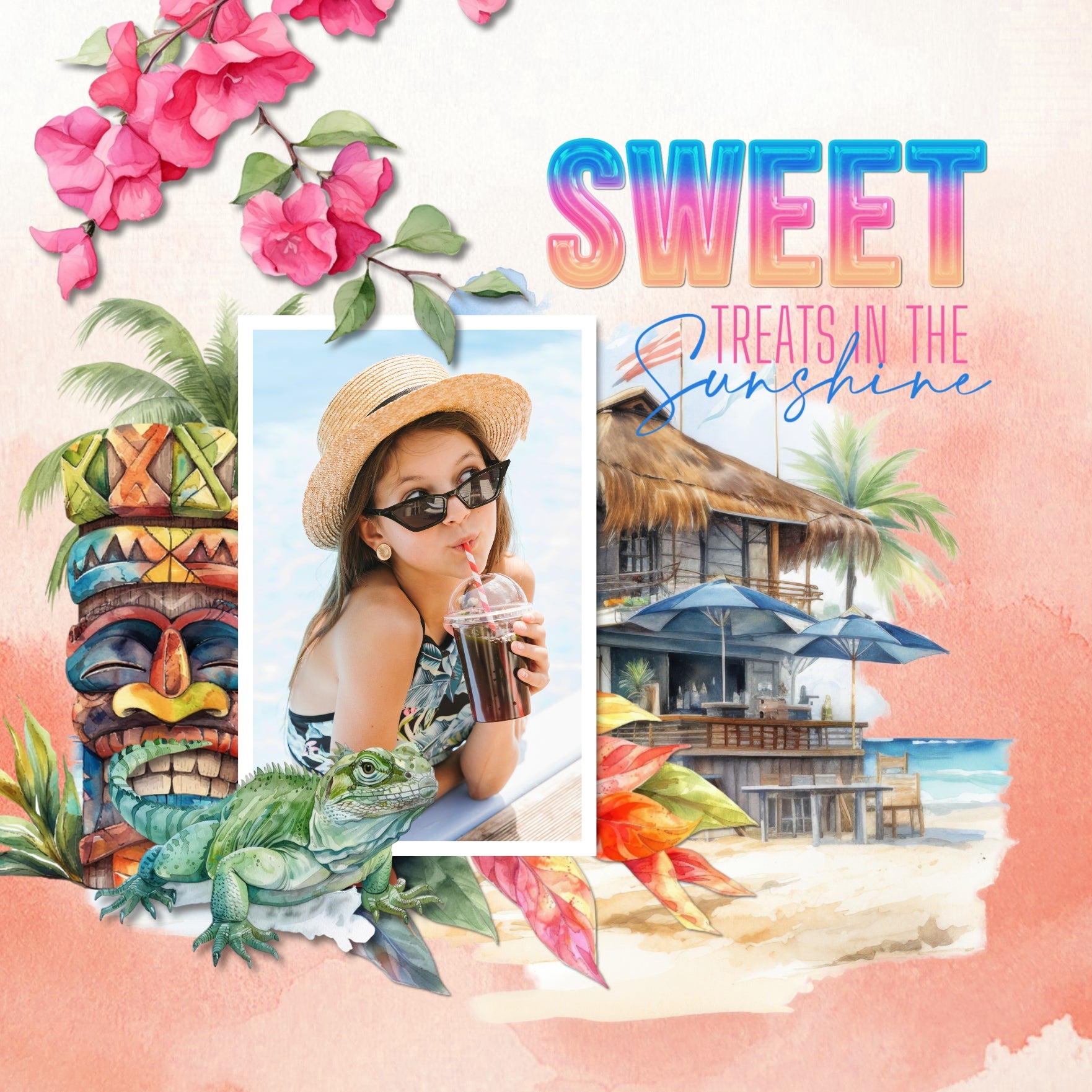 Tropical Beach Splash Watercolor Papers Digital Scrapbook Kit