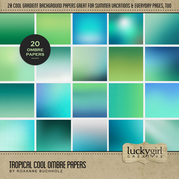 In tones of blue and green, these beautiful cool ombre papers by Lucky Girl Creative digital art for digital scrapbooking are great for vacations to tropical destinations plus every day projects, too! This kit is included in the Paper Duo Tropical Leaf Bokeh Kit.