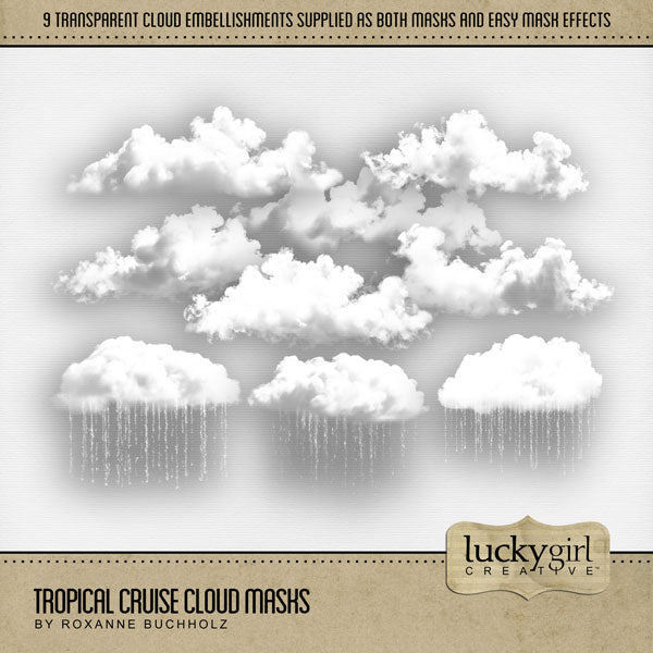 Showcase your family memories with these artistic, cloud digital art photo masks by Lucky Girl Creative. Use a clipping mask in Photoshop to fill the shape with your favorite photo or paper. Great for tropical vacations and everyday, too. Includes 3 rain clouds and 6 regular clouds.