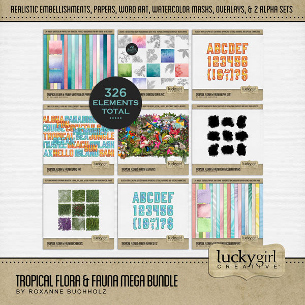 Travel and explore nature with this tropical digital embellishments and papers bundle by Lucky Girl Creative filled with brightly colored realistic flora and fauna plus alpha sets, overlays, masks, word art, and more. Perfect for vacation, cruise, and holiday pages. Whether your destination is Hawaii, the Caribbean, Central or South America, the South Pacific, Australia, New Zealand, the beach, or the pool, this collection will make your pages pop.
