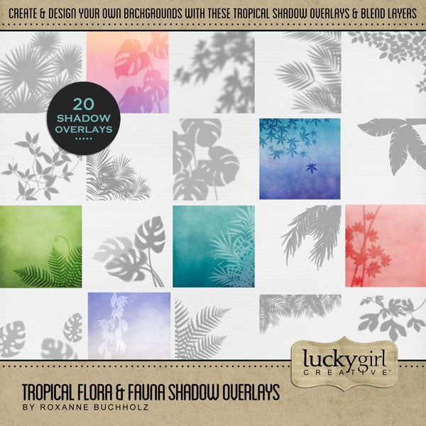 Travel and explore nature with this tropical embellishment kit by Lucky Girl Creative full of 12x12 shadow overlays. Perfect for vacation, cruise, and holiday pages. Whether your destination is Hawaii, the Caribbean, Central or South America, the South Pacific, Australia, New Zealand, or California, this collection will make your backgrounds realistic using blend layers.  Overlays include vines, palms, bamboo, leaves, ferns, and more.