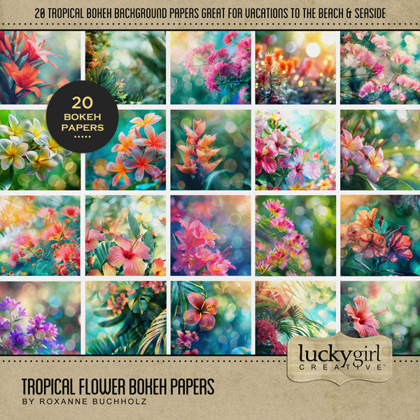 In bright tropical tones, these beautiful floral bokeh papers by Lucky Girl Creative digital art for digital scrapbooking are great for vacations to tropical destinations, beach holidays, and summer vacations. This kit is included in the Paper Duo Tropical Flower Bokeh Kit.