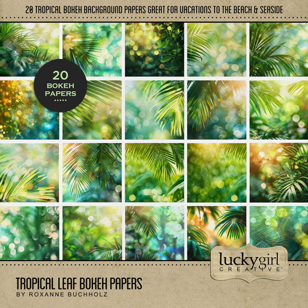 In tones of blue and green, these beautiful tropical leaf and bokeh papers by Lucky Girl Creative digital art for digital scrapbooking are great for vacations to tropical destinations! This kit is included in the Paper Duo Tropical Leaf Bokeh Kit.