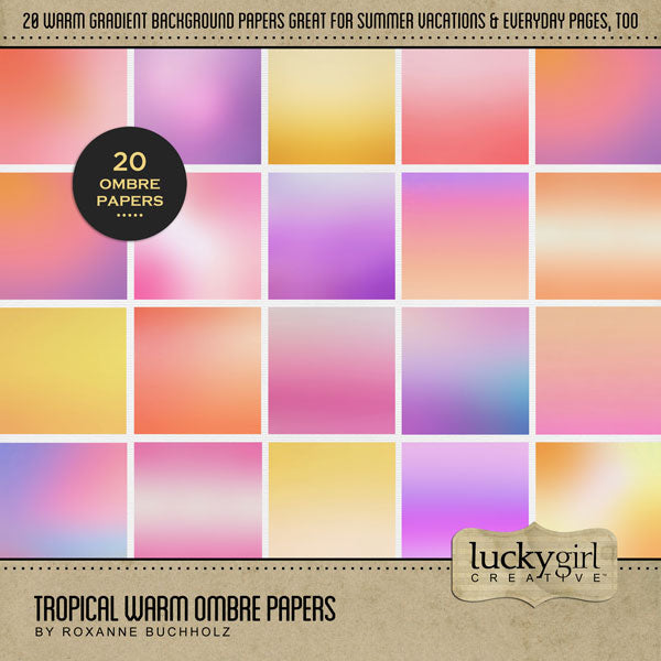 In tones of yellow, orange, purple, and pink, these beautiful warm ombre papers by Lucky Girl Creative digital art for digital scrapbooking are great for vacations to tropical destinations plus every day projects, too! This kit is included in the Paper Duo Tropical Flower Bokeh Kit.
