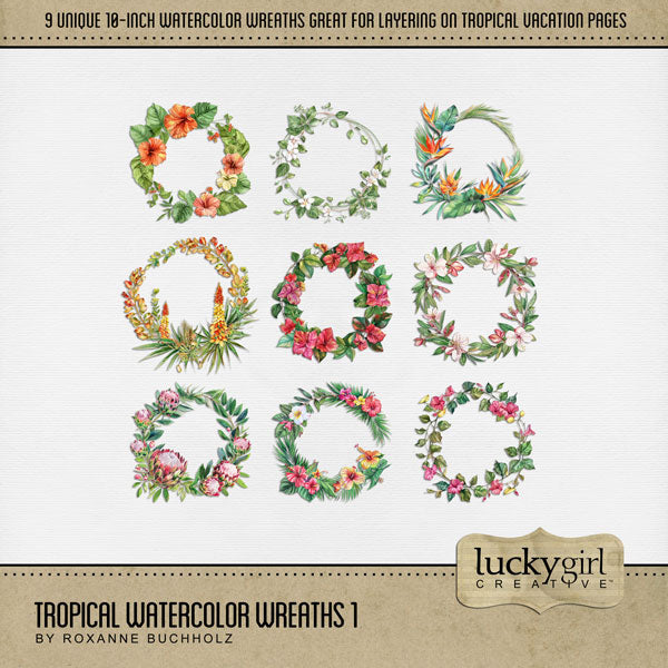Add these beautiful watercolor digital scrapbooking floral wreaths by Lucky Girl Creative digital art to all your Hawaiian, Caribbean, summer, and tropical digital scrapbooking pages and albums! Great for vacations to Hawaii, Caribbean, the South Pacific, Polynesia, and other tropical locations. Each wreath of flowers is 10" wide but can be re-sized to fit your project. TIP: Try layering the various wreaths to create a new look every time. Add photos and additional embellishments for a stunning page layout!
