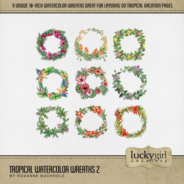Add these beautiful watercolor digital scrapbooking floral wreaths by Lucky Girl Creative digital art to all your Hawaiian, Caribbean, summer, and tropical digital scrapbooking pages and albums! Great for vacations to Hawaii, Caribbean, the South Pacific, Polynesia, and other tropical locations. Each wreath of flowers is 10" wide but can be re-sized to fit your project. TIP: Try layering the various wreaths to create a new look every time. Add photos and additional embellishments for a stunning page layout!