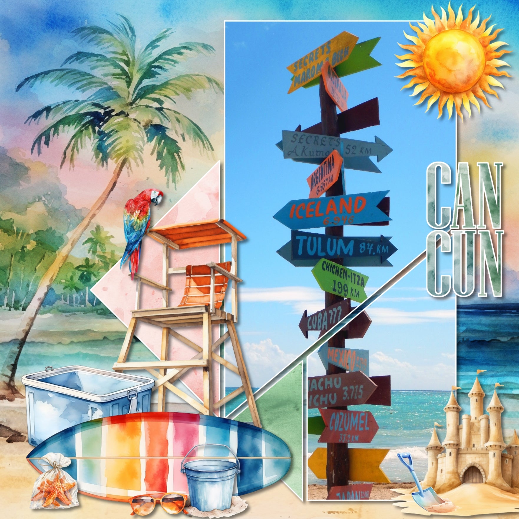 Add these beautiful and bright tropical watercolor embellishments by Lucky Girl Creative digital art to all your digital scrapbooking pages. Great for all your summer, beach, ocean, island, and other tropical vacations to destinations such as Hawaii and the Caribbean. Embellishments include flamingo, bird, Cockatoo, parrot, giant clam, crab, octopus, squid, dolphin, swordfish, billfish, fish, jellyfish, lobster, lizard, sea turtle, seahorse, shrimp, starfish, orca, whale tail, beach bag, and more.