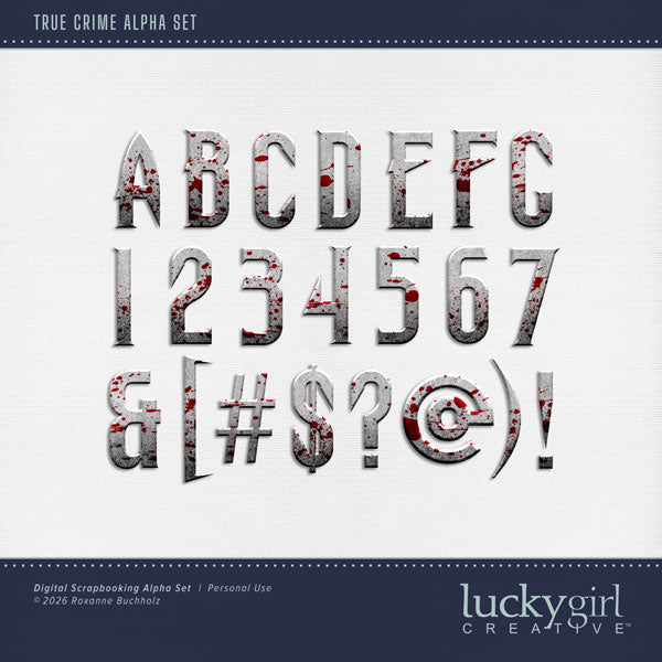 Whether you're fascinated by unsolved mysteries, love to binge watch true crime tv shows, or the storytelling behind infamous cases, this alpha set by Lucky Girl Creative digital art is designed to add an intriguing, mysterious edge to your digital scrapbooking pages. Great for Halloween pages, too! The True Crime Alpha Set consists of a full set of digital art uppercase alphabet letters A-Z, numbers 0-9, and most punctuation marks. This alpha set is available as individual embellishments only. 