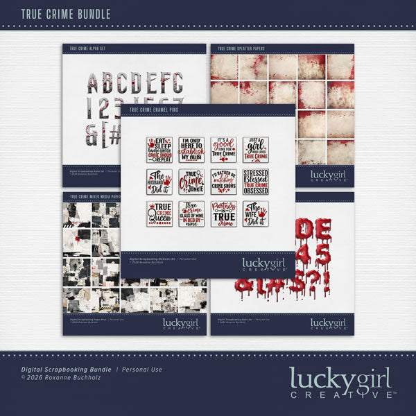 Whether you're fascinated by unsolved mysteries, love to binge watch true crime tv shows, or the storytelling behind infamous cases, this bundle containing word art embellishments, papers, and two alpha sets by Lucky Girl Creative digital art is designed to add an intriguing, mysterious edge to your digital scrapbooking pages. Great for Halloween pages, too! Enamel pin word art includes East, Sleep, Binge Watch Crime Shows, Repeat, I'm Only Here to Establish My Alibi, It's a Good Time for True Crime