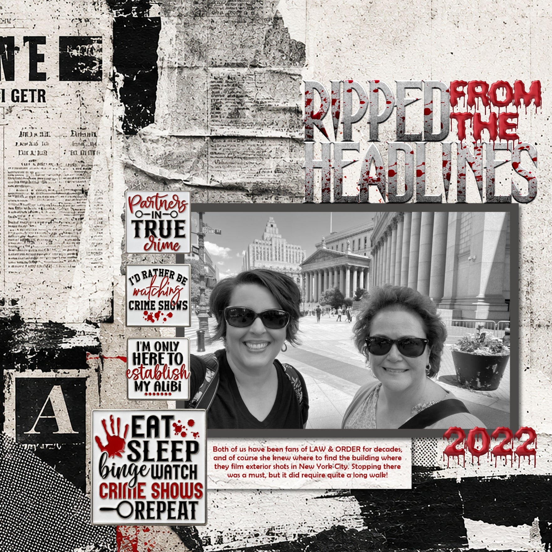 Whether you're fascinated by unsolved mysteries, love to binge watch true crime tv shows, or the storytelling behind infamous cases, this bundle containing word art embellishments, papers, and two alpha sets by Lucky Girl Creative digital art is designed to add an intriguing, mysterious edge to your digital scrapbooking pages. Great for Halloween pages, too! Enamel pin word art includes East, Sleep, Binge Watch Crime Shows, Repeat, I'm Only Here to Establish My Alibi, It's a Good Time for True Crime