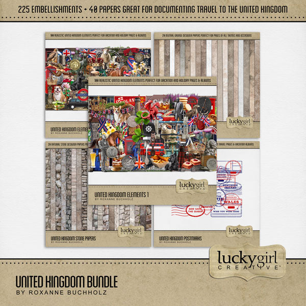 Celebrate the United Kingdom, England, Scotland, Northern Ireland, Wales, and all of Europe with these realistic digital embellishments and versatile papers by Lucky Girl Creative. Great for adding that historic, vintage, and antique look to all your pages including family heritage and genealogy.