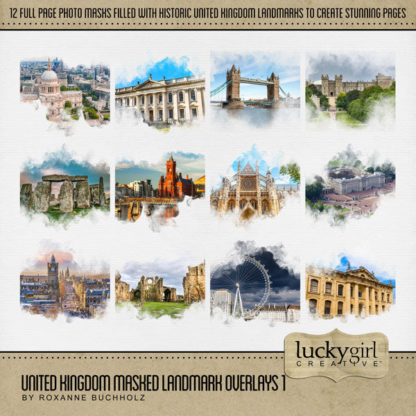 Celebrate the United Kingdom, England, Scotland, Northern Ireland, Wales, and all of Europe with these beautiful landmark and scenic masked overlays by Lucky Girl Creative! With transparent edges, these masked photographs blend seamlessly into any background paper and make the perfect backdrop for all travel, vacation, and holiday pages.