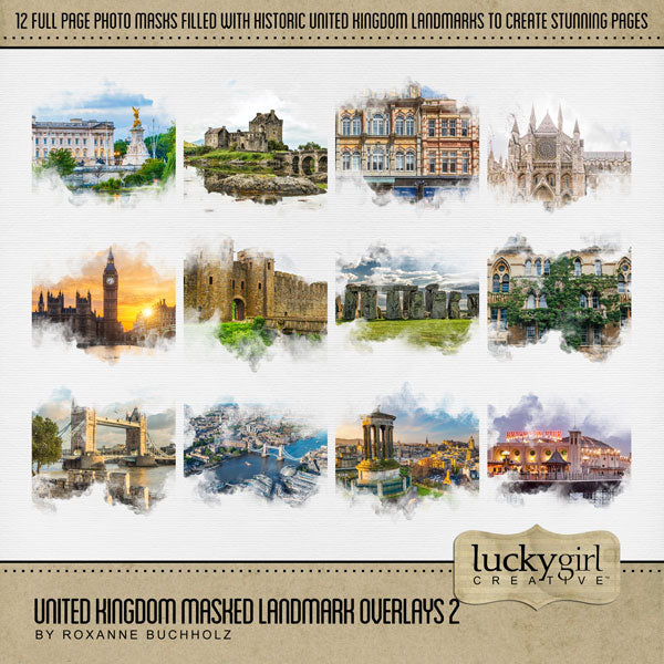 Celebrate the United Kingdom, England, Scotland, Northern Ireland, Wales, and all of Europe with these beautiful scenic masked digital art overlays by Lucky Girl Creative! With transparent edges, these masked photographs blend seamlessly into any background paper and make the perfect backdrop for all travel, vacation, and holiday pages.