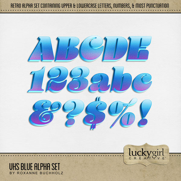 Relive the 1980's with these blue and purple VHS style alphabet letters, numbers, and punctuation by Lucky Girl Creative digital art for digital scrapbooking. Great for family movie nights! This alpha set consists of a full set of digital art uppercase letters A-Z, lowercase letters a-z, numbers 0-9, and most punctuation. This alpha set is available as individual embellishments only. This Alpha Set is included in the Home Movie Night Bundle.