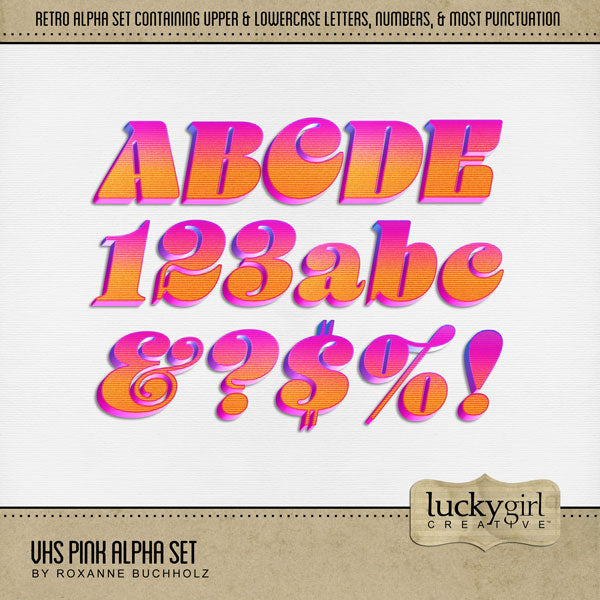Relive the 1980's with these pink and orange VHS style alphabet letters, numbers, and punctuation by Lucky Girl Creative digital art for digital scrapbooking. Great for family movie nights! This alpha set consists of a full set of digital art uppercase letters A-Z, lowercase letters a-z, numbers 0-9, and most punctuation. This alpha set is available as individual embellishments only. This Alpha Set is included in the Home Movie Night Bundle.