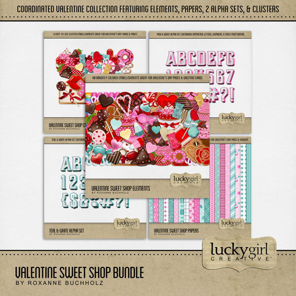 Add these sweet embellishments, patterned papers, clusters, and 2 alpha sets by Lucky Girl Creative digital art to all your holiday digital scrapbooking pages! In hues of pink, teal, and white, these sweet elements will add so much fun to all your Valentine's Day projects including greeting cards and holiday decor. Embellishments include cake pop, cake, candy cane, heart, candy corn, cookie, cupcake, donut, doughnut, peppermint, ribbon, candy, hard candy, sucker, lollipop, chocolate dipped strawberry.