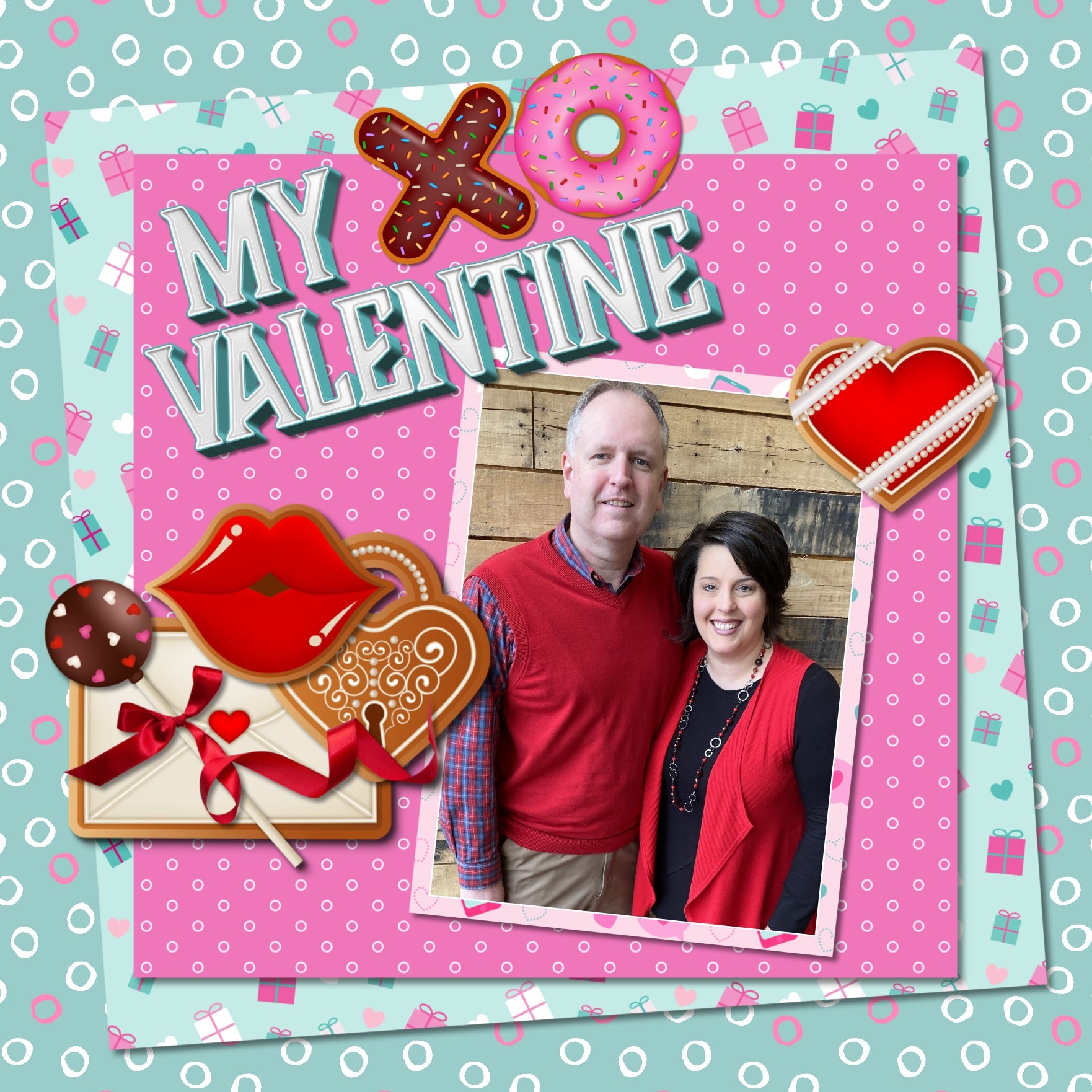 Add these sweet embellishments, patterned papers, clusters, and 2 alpha sets by Lucky Girl Creative digital art to all your holiday digital scrapbooking pages! In hues of pink, teal, and white, these sweet elements will add so much fun to all your Valentine's Day projects including greeting cards and holiday decor. Embellishments include cake pop, cake, candy cane, heart, candy corn, cookie, cupcake, donut, doughnut, peppermint, ribbon, candy, hard candy, sucker, lollipop, chocolate dipped strawberry.