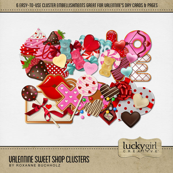 Add these easy-to-use cluster embellishments by Lucky Girl Creative digital art to all your holiday digital scrapbooking pages! In hues of pink, teal, and white, these sweet clusters add so much fun to all your Valentine's Day projects including greeting cards and holiday decor. Featured embellishments include cupcakes, cookies, donuts, chocolate dipped strawberry, gummy bears, conversation hearts, box of candy, cake pop, and more. This kit is included in the Valentine Sweet Shop Bundle.