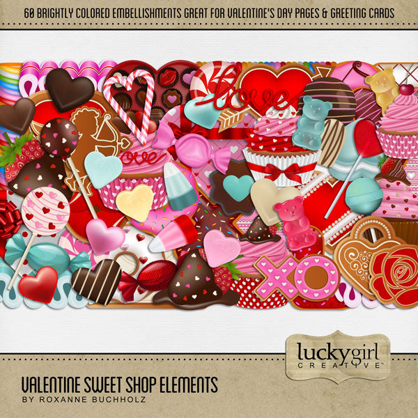 Add these sweet embellishments by Lucky Girl Creative digital art to all your holiday digital scrapbooking pages! In hues of pink, teal, and white, these sweet embellishments add so much fun to all your Valentine's Day projects including greeting cards and holiday decor. Embellishments include cake pop, cake, candy cane, heart, candy corn, cookie, cupcake, donut, doughnut, peppermint, ribbon, candy, hard candy, sucker, lollipop, chocolate dipped strawberry, chocolate hearts, conversation hearts, cupid.