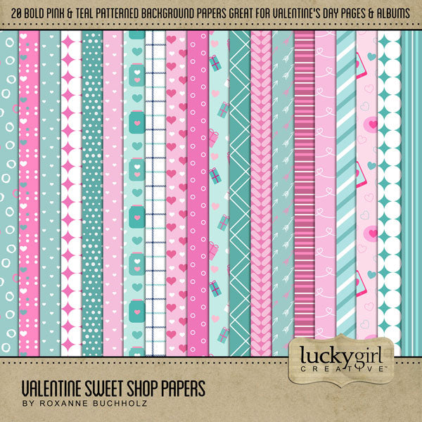 Add these bold patterned background papers by Lucky Girl Creative digital art to all your digital scrapbooking pages! In hues of pink, teal, and white, these papers add so much fun to all your Valentine's Day projects including greeting cards and holiday decor. Patterns include stripes, diagonal, chevron, hearts, plaid, polka dots, grid, mason jar, gifts, presents, and more. This kit is included in the Valentine Sweet Shop Bundle and the Valentine Sweet Shop Kit.