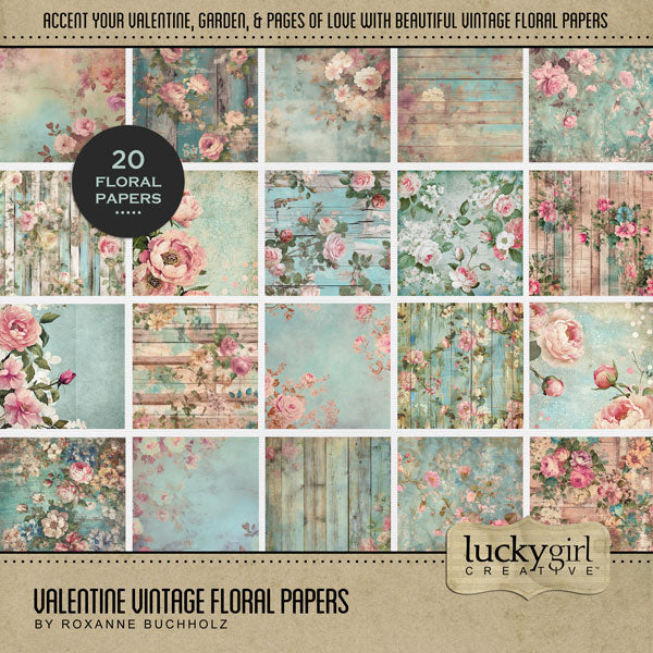 Filled with watercolor papers by Lucky Girl Creative digital art, these pretty digital scrapbooking background papers are designed for Valentine's Day, garden, family history, genealogy, and love pages. Pink floral bouquets with grunge teal blue will add warmth to all your projects. This kit is included in the Valentine Watercolor Bundle.