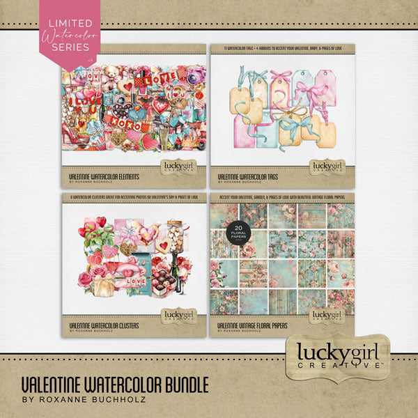 Filled with watercolor embellishments, clusters, and papers by Lucky Girl Creative digital art, these pretty digital scrapbooking elements are designed accenting all your Valentine Day and love pages. Embellishments include arrow, banner, bunting, camera, bench, crown, candle, envelope, love letter, carnation flower, protea, bouquet, cake, heart shaped candy box, lollypop, heart, chocolate covered strawberry, coffee, cookies, I Love You, and more.