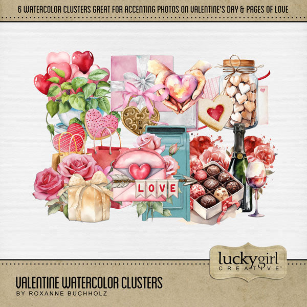 Filled with watercolor embellishments by Lucky Girl Creative digital art, these pretty digital scrapbooking clusters are designed for layering on all your Valentine Day and love pages. Create your layouts in a fast and easy fashion! This kit is included in the Valentine Watercolor Bundle.