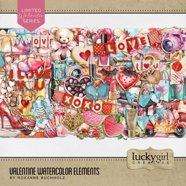 Filled with watercolor embellishments by Lucky Girl Creative digital art, these pretty digital scrapbooking elements are designed accenting all your Valentine Day and love pages. Embellishments include arrow, banner, bunting, camera, bench, crown, candle, envelope, love letter, carnation flower, protea, bouquet, cake, heart shaped candy box, lollypop, heart, chocolate covered strawberry, coffee, cookies, I Love You, cookie, cupcake, and more.