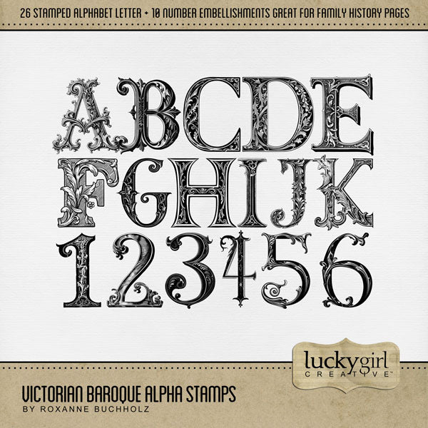 These beautiful and ornate alphabet and number stamps by Lucky Girl Creative digital art will add an elegant touch to all your family history, genealogy, and heritage projects. Fill with your favorite color and paper to create a unique look for all your page titles. This kit is included in the Victorian Baroque Bundle.
