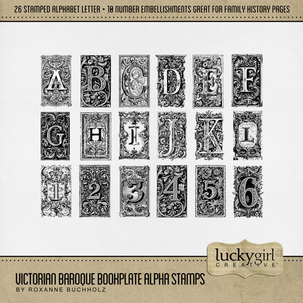 These beautiful and ornate alphabet and number stamps by Lucky Girl Creative digital art will add an elegant touch to all your family history, genealogy, and heritage projects. Fill with your favorite color and paper to create a unique look for all your page titles. This kit is included in the Victorian Baroque Bundle.