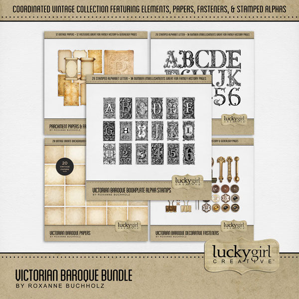 In a neutral vintage style, these beautiful and ornate metal fasteners, papers, and stamped alpha embellishments by Lucky Girl Creative digital art will add an elegant touch to all your family history, genealogy, and heritage projects. Great for weddings, too!