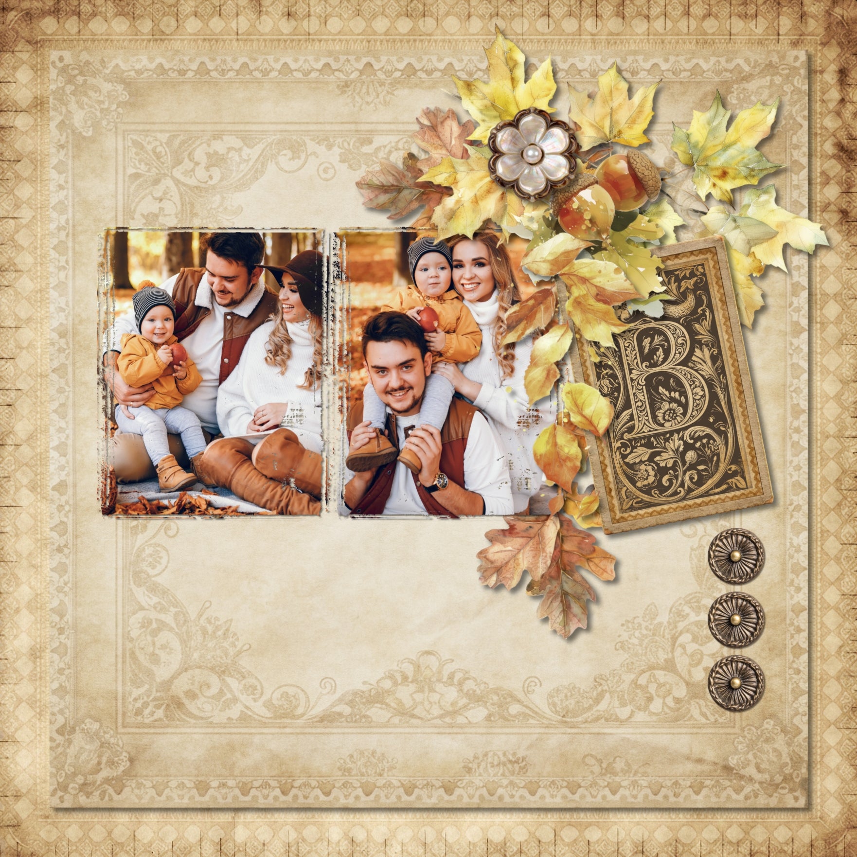In a neutral vintage style, these beautiful and ornate metal fasteners, papers, and stamped alpha embellishments by Lucky Girl Creative digital art will add an elegant touch to all your family history, genealogy, and heritage projects. Great for weddings, too!