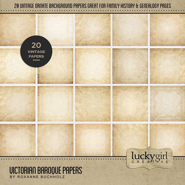 In a neutral vintage style, these beautiful and ornate background papers by Lucky Girl Creative digital art will add an elegant touch to all your family history, genealogy, and heritage projects. Great for weddings, too! This kit is included in the Victorian Baroque Bundle.