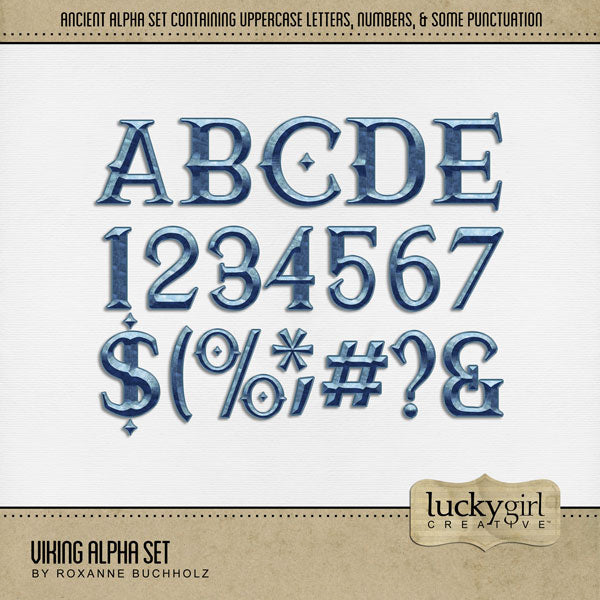 These beveled blue metal alphabet and number digital scrapbooking embellishments by Lucky Girl Creative digital art are easy to use for everyday digital scrapbook page titles and inspired by Nordic Vikings and ancient runes. Use for documenting travel and Nordic vacations to Scandinavia - Denmark, Norway, Sweden, Finland, and Iceland. Also great for Frozen adventures and winter pages including skiing, ice skating, hockey, and curling.