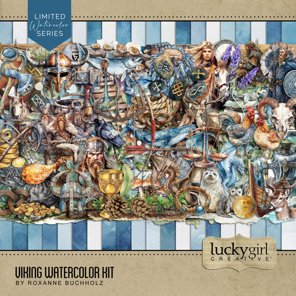 Add these beautiful watercolor embellishments and papers by Lucky Girl Creative digital art to all your Scandinavian digital scrapbooking pages and Nordic albums! Use for documenting travel and vacations to Scandinavia - Denmark, Norway, Sweden, Finland, and Iceland as well as other locations in Europe. Embellishments include crow, chicken, deer, stag, dragon, fish, Icelandic horse, seal, whale, wolf, building, village, town, calendar, dock, pier, seedlings, crop, hook, fishing net, antlers, bracelet.