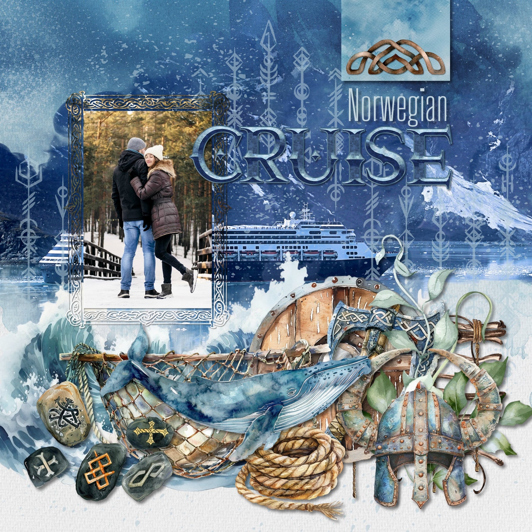 Add these beautiful watercolor embellishments, papers, easy masks, and coordinated alpha set by Lucky Girl Creative digital art to all your Scandinavian, Viking, and Nordic family history digital scrapbooking albums! Use for documenting travel and vacations to Scandinavia - Denmark, Norway, Sweden, Finland, and Iceland as well as other locations in Europe. Embellishments include crow, chicken, deer, stag, dragon, fish, Icelandic horse, seal, whale, wolf, building, village, town, calendar, dock, pier.