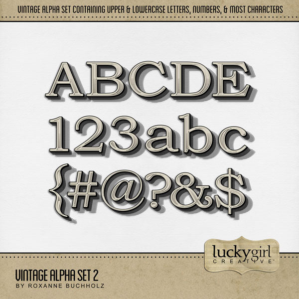 Showcase your family history and genealogy projects with timeless digital art alphabet letters, numbers, and punctuation by Lucky Girl Creative great for scrapbooking titles on pages and in scrapbook albums. Each letter is a neutral tan color with deep dimensional shadows included. The Vintage Alpha Set 2 consists of a full set of digital art uppercase letters A-Z, lowercase letters a-z, numbers 0-9, and most punctuation marks. This alpha set is available as individual embellishments only. 