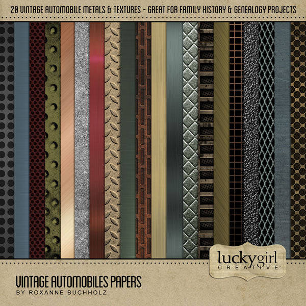 This digital art paper pack by Lucky Girl Creative is full of vintage automobile metal grunge papers. 