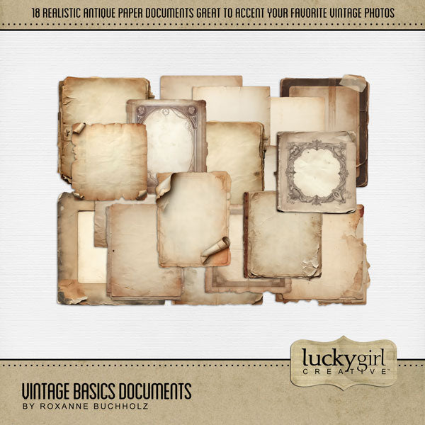 Perfect for layering on vintage digital scrapbooking pages, this kit by Lucky Girl Creative digital art will add the needed space for all your journaling and page titles. In neutral tones, these realistic antique papers will be the perfect addition to all your genealogy and family history projects. This kit is included in the Vintage Basics Mega Bundle.