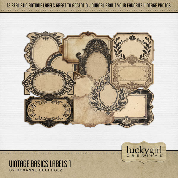 Perfect for layering on vintage digital scrapbooking pages, this kit by Lucky Girl Creative digital art will add the needed space for all your journaling and photo descriptions. In neutral tones, these realistic antique paper labels will be the perfect addition to all your genealogy and family history projects. This kit is included in the Vintage Basics Mega Bundle.