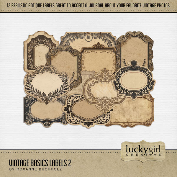 Perfect for layering on vintage digital scrapbooking pages, this kit by Lucky Girl Creative digital art will add the needed space for all your journaling and photo descriptions. In neutral tones, these realistic antique paper labels will be the perfect addition to all your genealogy and family history projects. This kit is included in the Vintage Basics Mega Bundle.