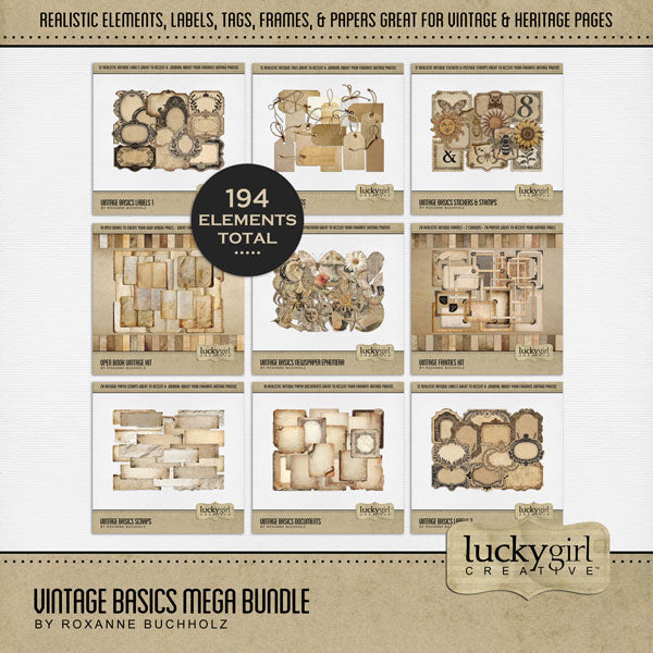 Filled with vintage embellishments and papers, this digital scrapbooking bundle by Lucky Girl Creative digital art is great for adding journaling spots and telling your story, whether it is a personal project or a heritage and genealogy album. From weathered and tattered books, stickers, stamps, frames, and documents to lined and wrinkled paper with chipboard finishes, these digital scrapbooking elements and papers will add warmth to all your pages.