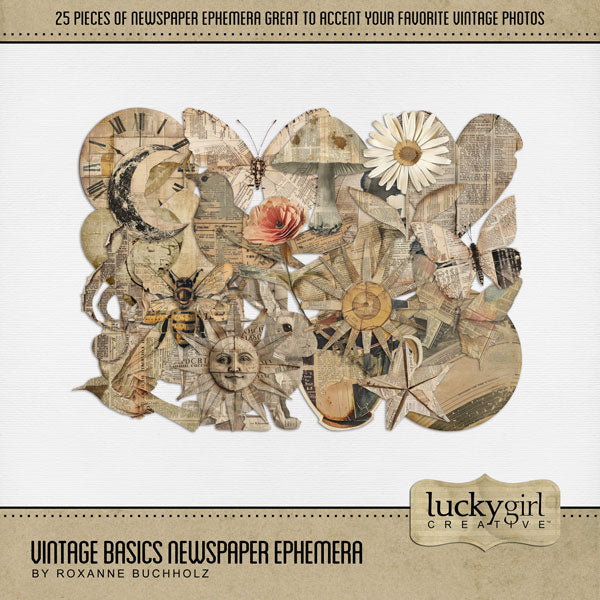 Perfect for layering on vintage digital scrapbooking pages, this kit by Lucky Girl Creative digital art will add a touch of fun to your family photos. In neutral tones, these realistic antique folded newspaper pieces of ephemera will be the perfect addition to all your genealogy and family history projects. Embellishments include bird, honey bee, clock, coffee cup, compass, flower, glove, heart, hot air balloon, lemon, moon, and more.